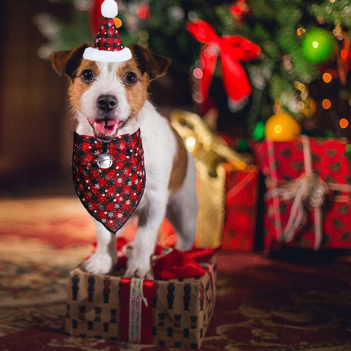 Christmas Snowflake Dog Bandana Costume, Christmas Classic Plaid Snowflake Dog Bandana Scarf Hat Bow Tie with Bell Costume Decoration for Dogs Pets