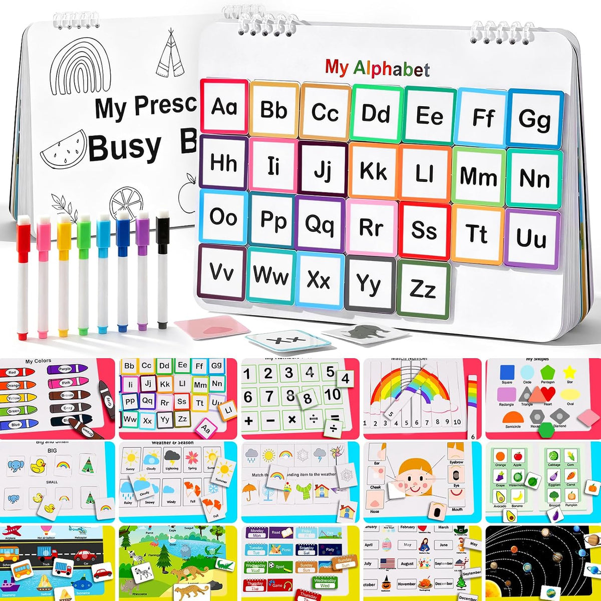 Mallify Busy Book for Toddlers 3-5, Montessori Busy Book with 30 Themes and 8 Markers, Kids Binder and Early Learning Toys, Preschool Busy Books for Toddlers, Tracing Coloring Book, Busytots
