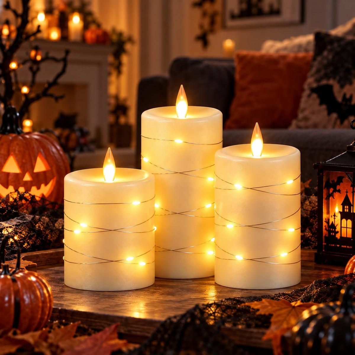 3 Pack Ivory Real Wax Flameless Taper Candles, Lifelike Flickering LED Flame Candles with Surrounding Copper String Lights, Soft Warm Battery Candles with Remote for Home Wedding Holiday Decor