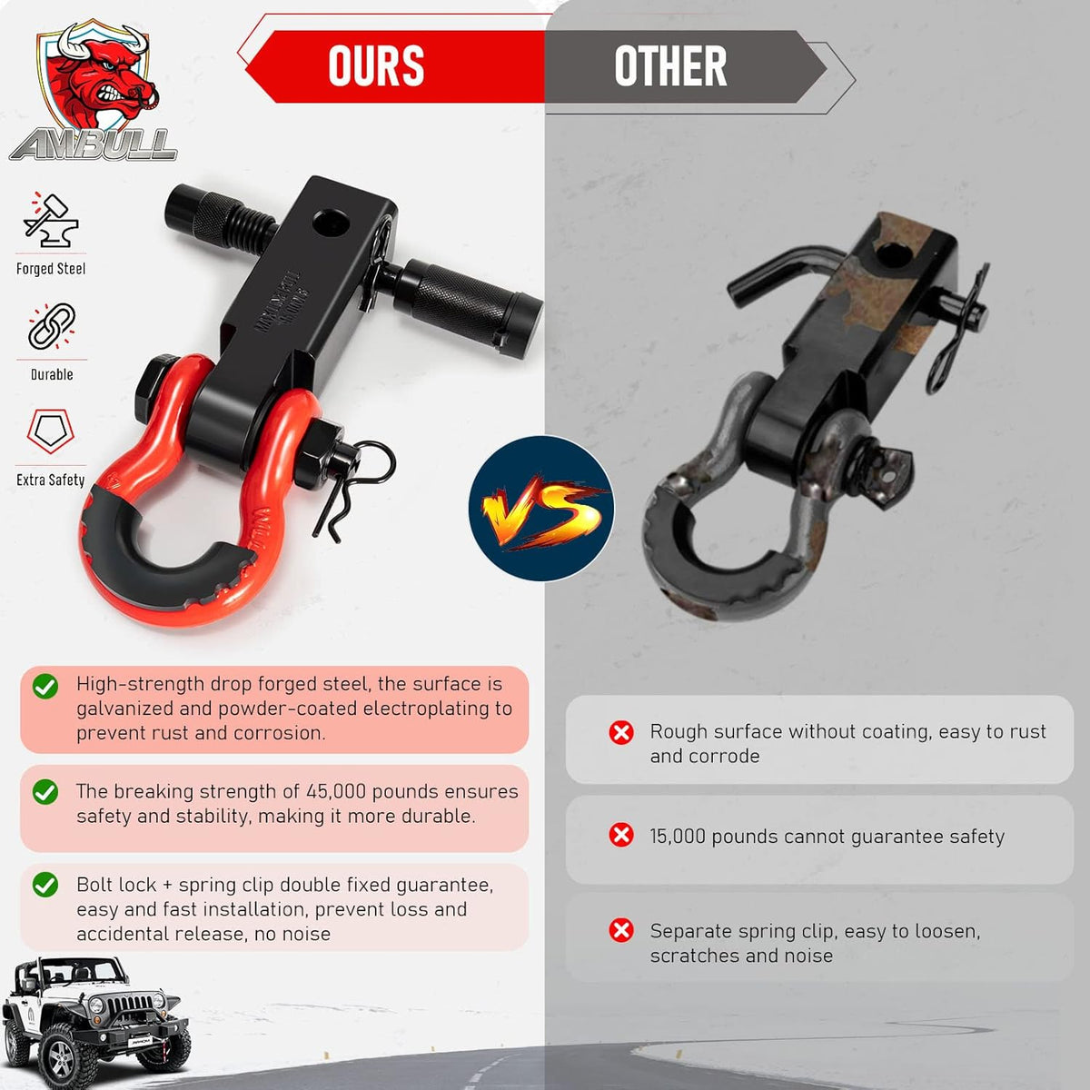 Shackle Hitch Receiver & Towing Hitch Lock, with 3/4 Inch D-Ring Shackle, 2 Insurance Pins, Weatherproof Anti-Theft Lockable Heavy Duty Solid Recovery Kit - Red