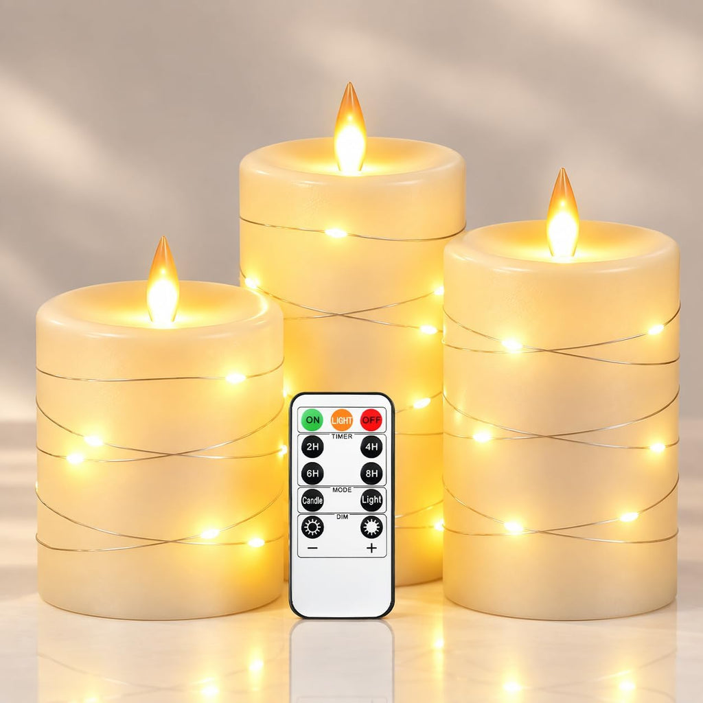 3 Pack Ivory Real Wax Flameless Taper Candles, Lifelike Flickering LED Flame Candles with Surrounding Copper String Lights, Soft Warm Battery Candles with Remote for Home Wedding Holiday Decor