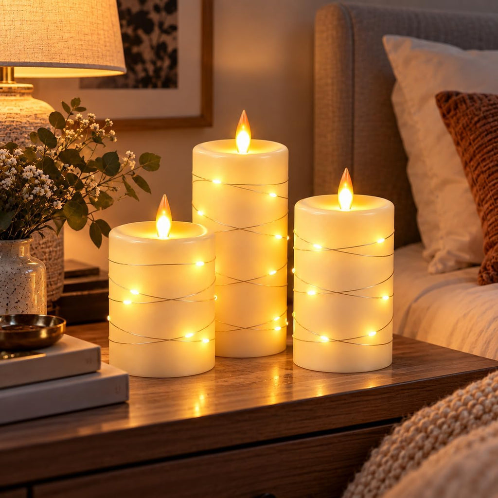 3 Pack Ivory Real Wax Flameless Taper Candles, Lifelike Flickering LED Flame Candles with Surrounding Copper String Lights, Soft Warm Battery Candles with Remote for Home Wedding Holiday Decor