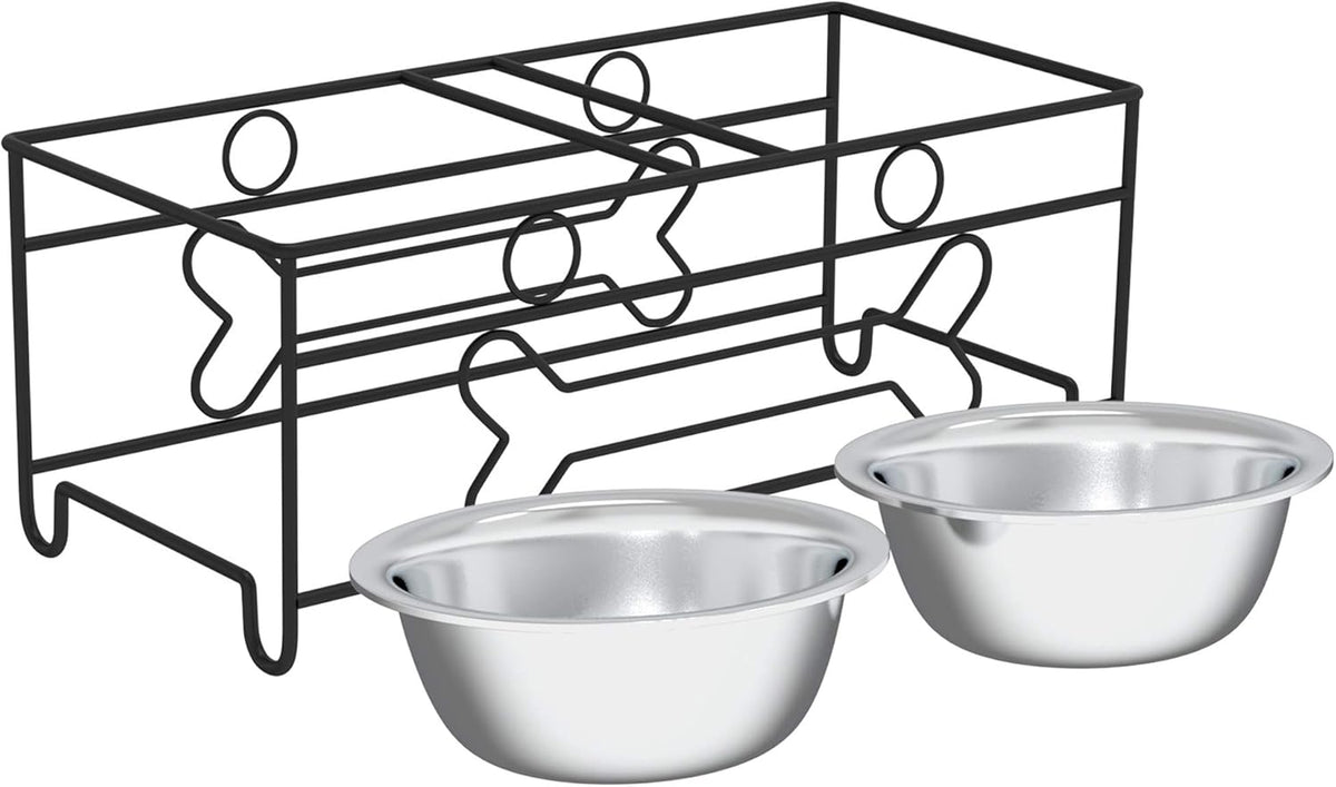 Set of 2 Stainless Steel Dog Bowls - 40Oz Pet Bowls with Decorative Dog Food Stand - Metal Food and Water Dishes for Large Pets - Puppy Essentials by  (Silver/Black)