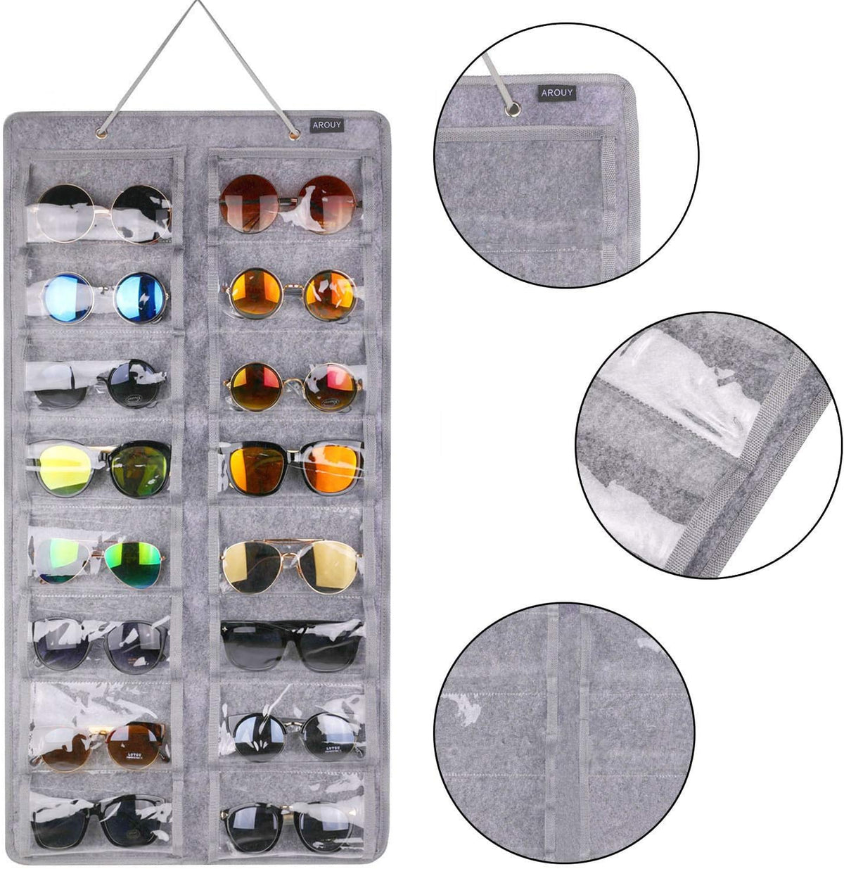 Sunglasses Organizer Storage, Hanging Dust Proof Wall Pocket Glasses Organizer - 16 Felt Slots Sunglass Organizers Holder with Metal Hook and Sturdy Rope (Gray, Dust Proof)