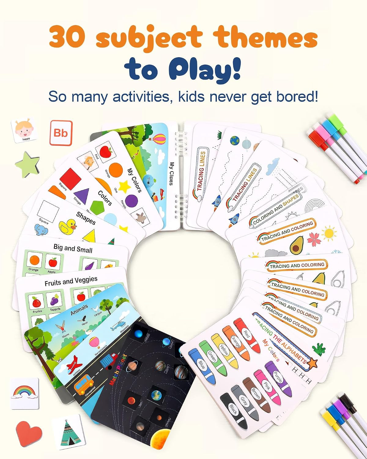 Mallify Busy Book for Toddlers 3-5, Montessori Busy Book with 30 Themes and 8 Markers, Kids Binder and Early Learning Toys, Preschool Busy Books for Toddlers, Tracing Coloring Book, Busytots